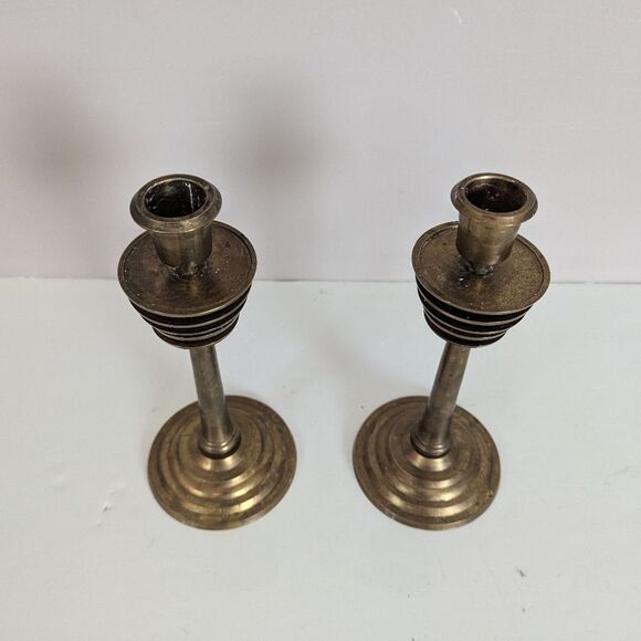 Pair of Vintage Brass Candlestick Holders – 7.5" Tall – MCM Deco Style - Picture 2 of 7